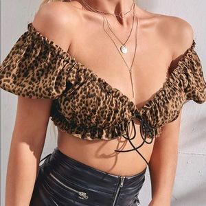 SHEIN Off Shoulder Frill Trim Tie Front Leopard Top